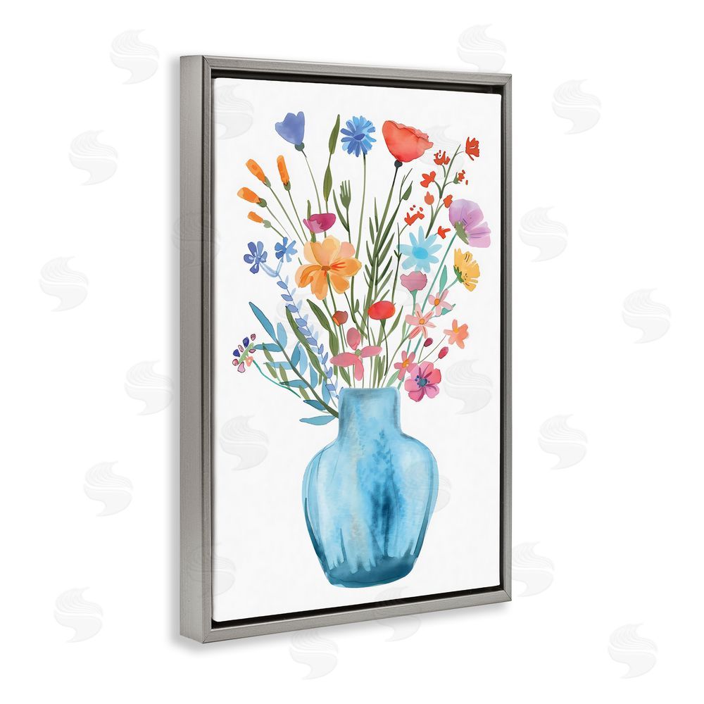 LSR Design Studio Watercolor Vase Blue Bouquet Gray Floating Frame Canvas Wall Art Print
