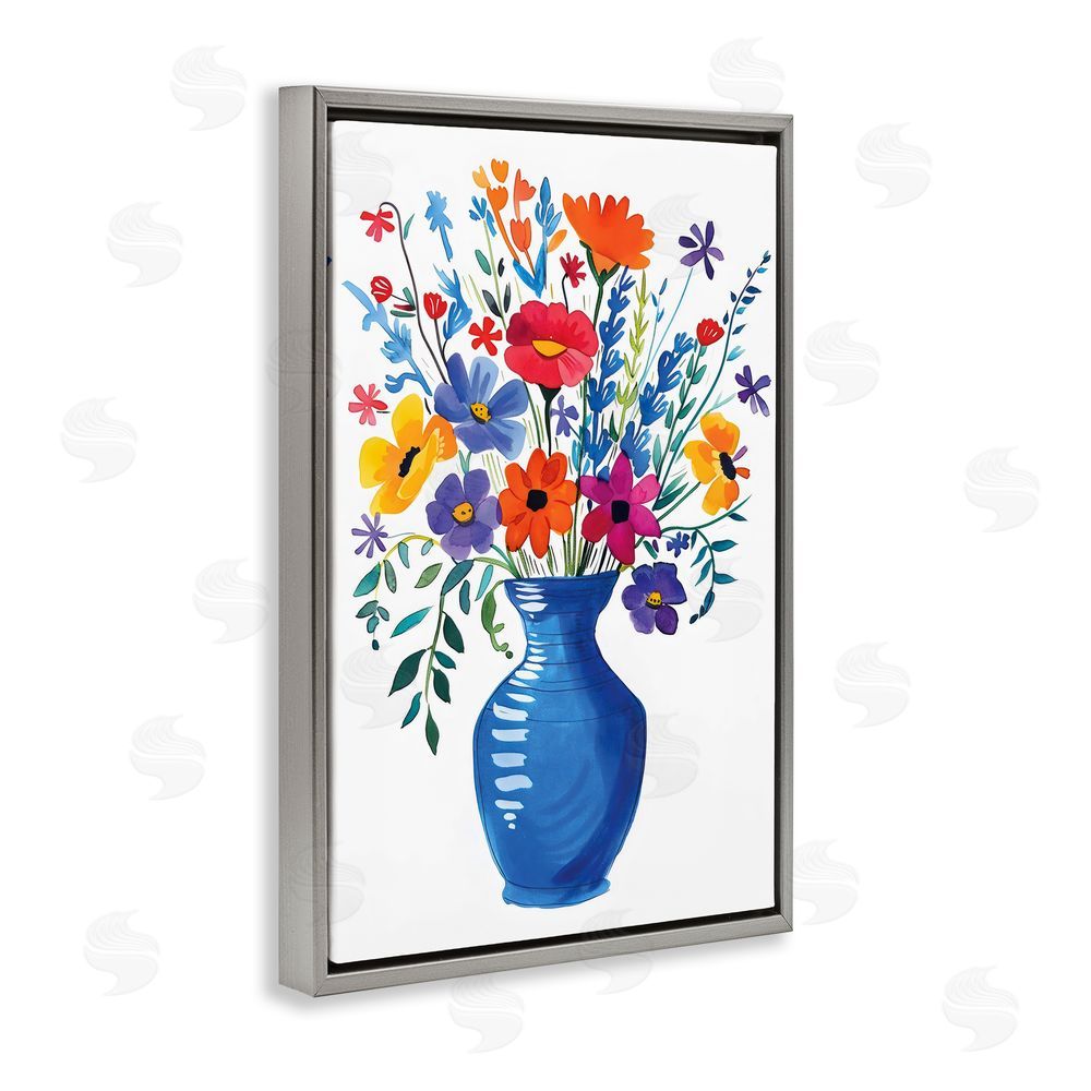 LSR Design Studio Colorful Bouquet Blue Red Gray Floating Frame Canvas Wall Art Print