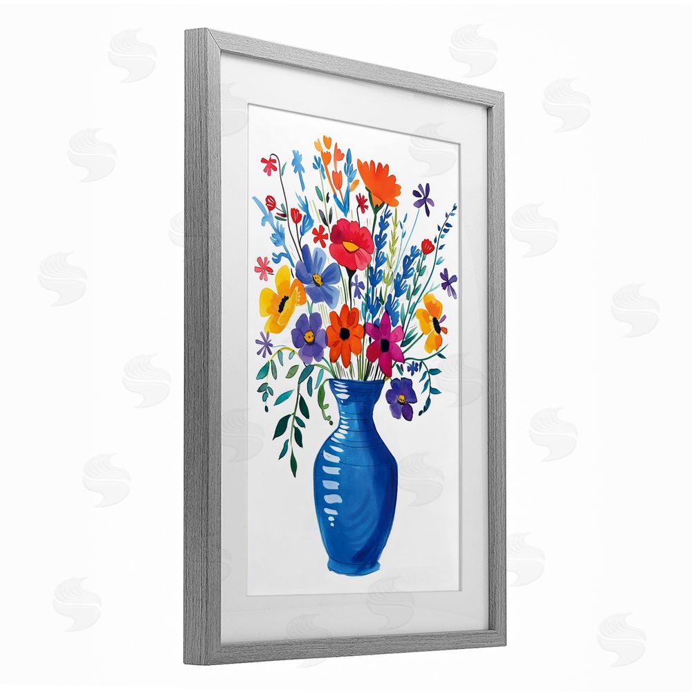 LSR Design Studio Colorful Bouquet Blue Red Gray Framed Print Under Glass with White Mat Wall Art