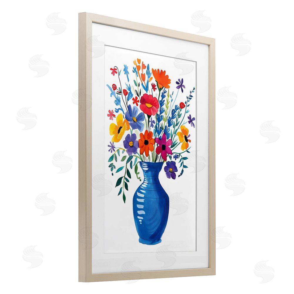 LSR Design Studio Colorful Bouquet Blue Red Birch Framed Print Under Glass with White Mat Wall Art