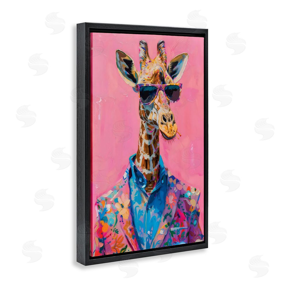 LSR Design Studio Floral Suit Giraffe over Pink Black Floating Frame Canvas Wall Art Print