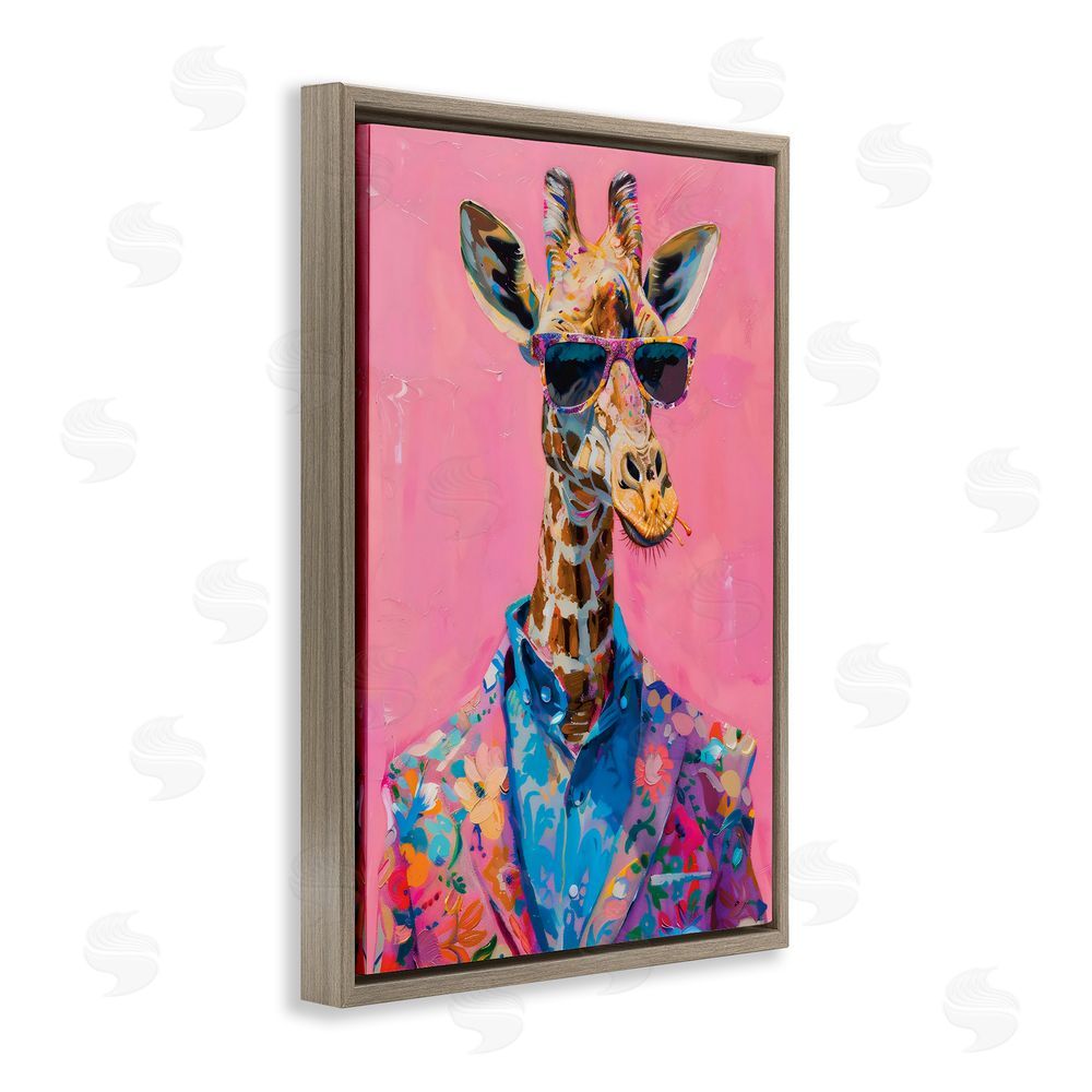 LSR Design Studio Floral Suit Giraffe over Pink Brown Floating Frame Canvas Wall Art Print