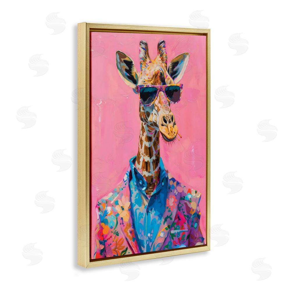LSR Design Studio Floral Suit Giraffe over Pink Gold Floating Frame Canvas Wall Art Print