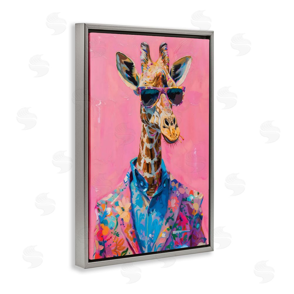 LSR Design Studio Floral Suit Giraffe over Pink Gray Floating Frame Canvas Wall Art Print