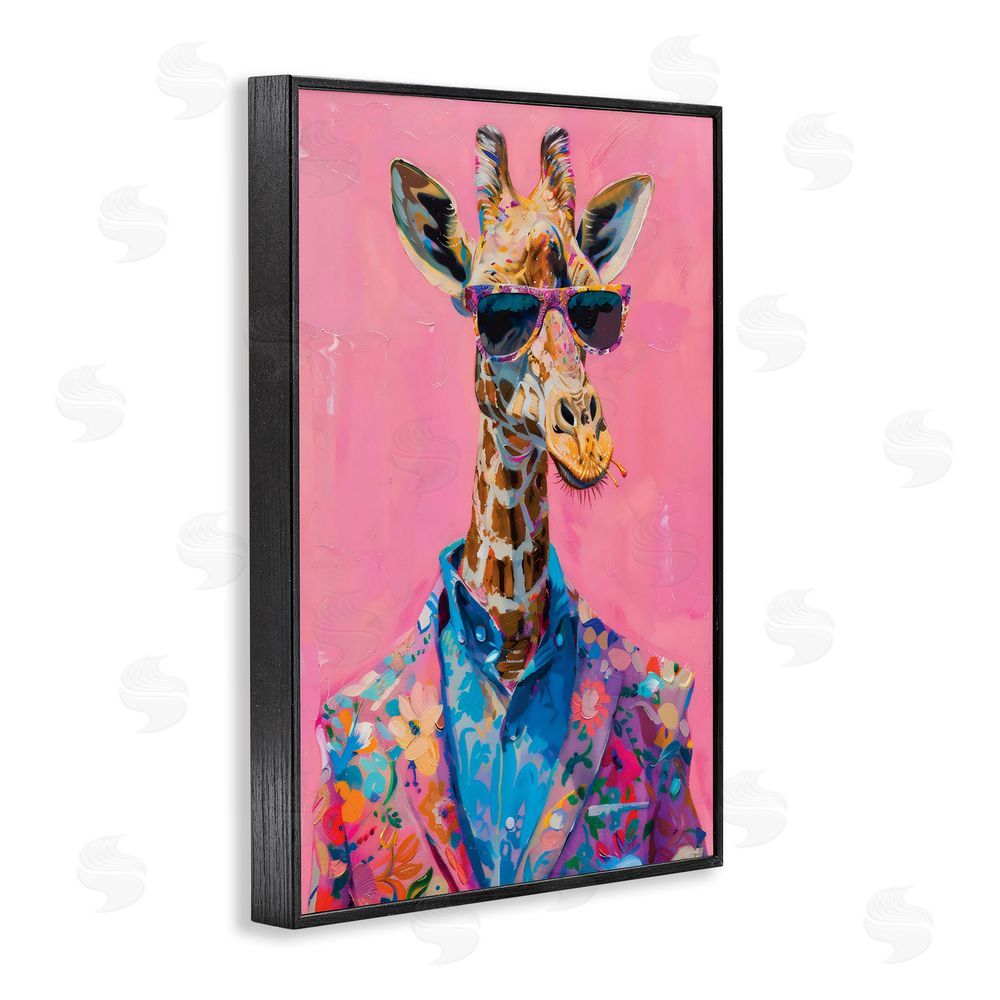 LSR Design Studio Floral Suit Giraffe over Pink Black Framed Giclee Wall Art Print