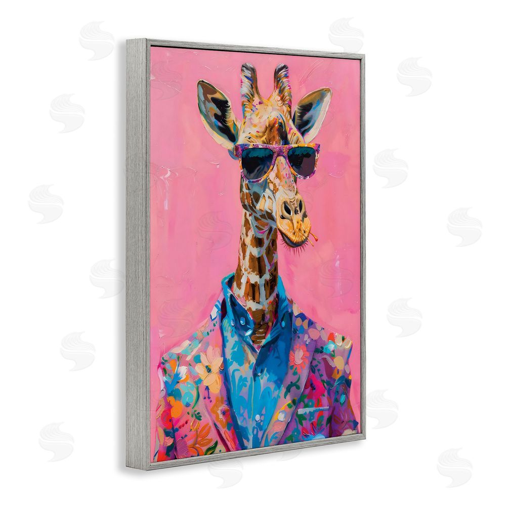 LSR Design Studio Floral Suit Giraffe over Pink Gray Framed Giclee Wall Art Print