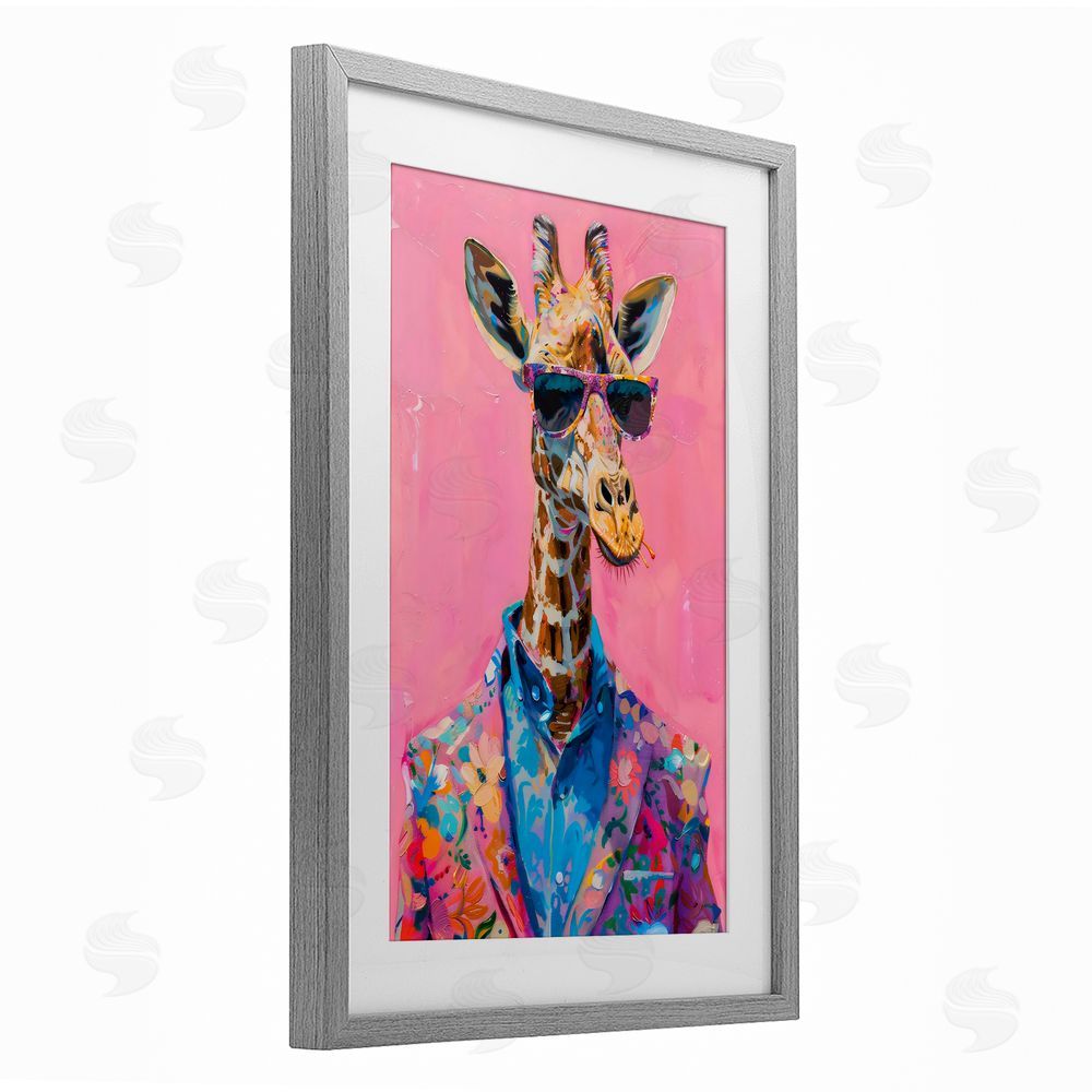 LSR Design Studio Floral Suit Giraffe over Pink Gray Framed Print Under Glass with White Mat Wall Art
