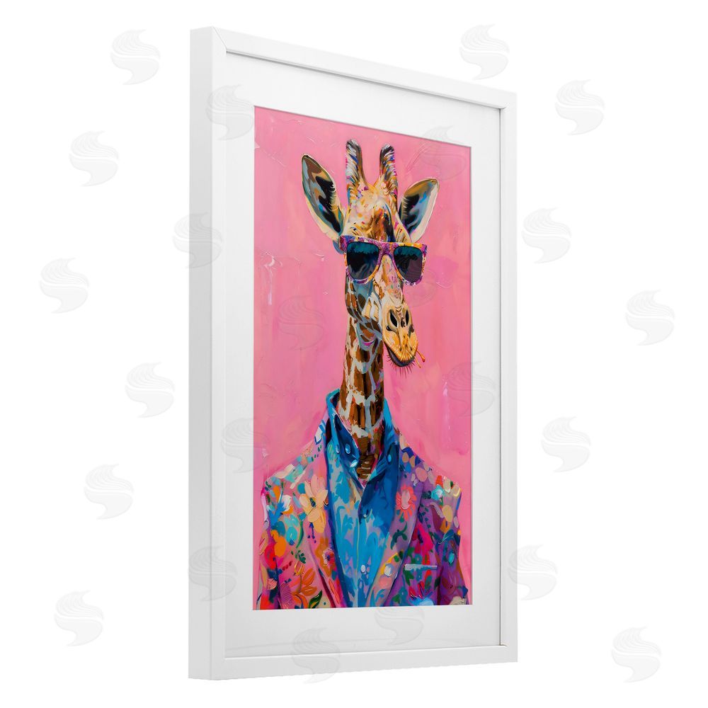LSR Design Studio Floral Suit Giraffe over Pink White Framed Print Under Glass with Mat Wall Art