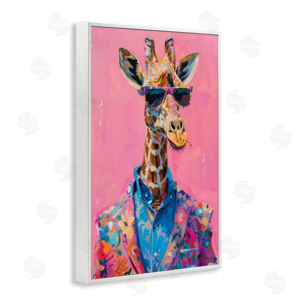 LSR Design Studio Floral Suit Giraffe over Pink White Framed Giclee Wall Art Print