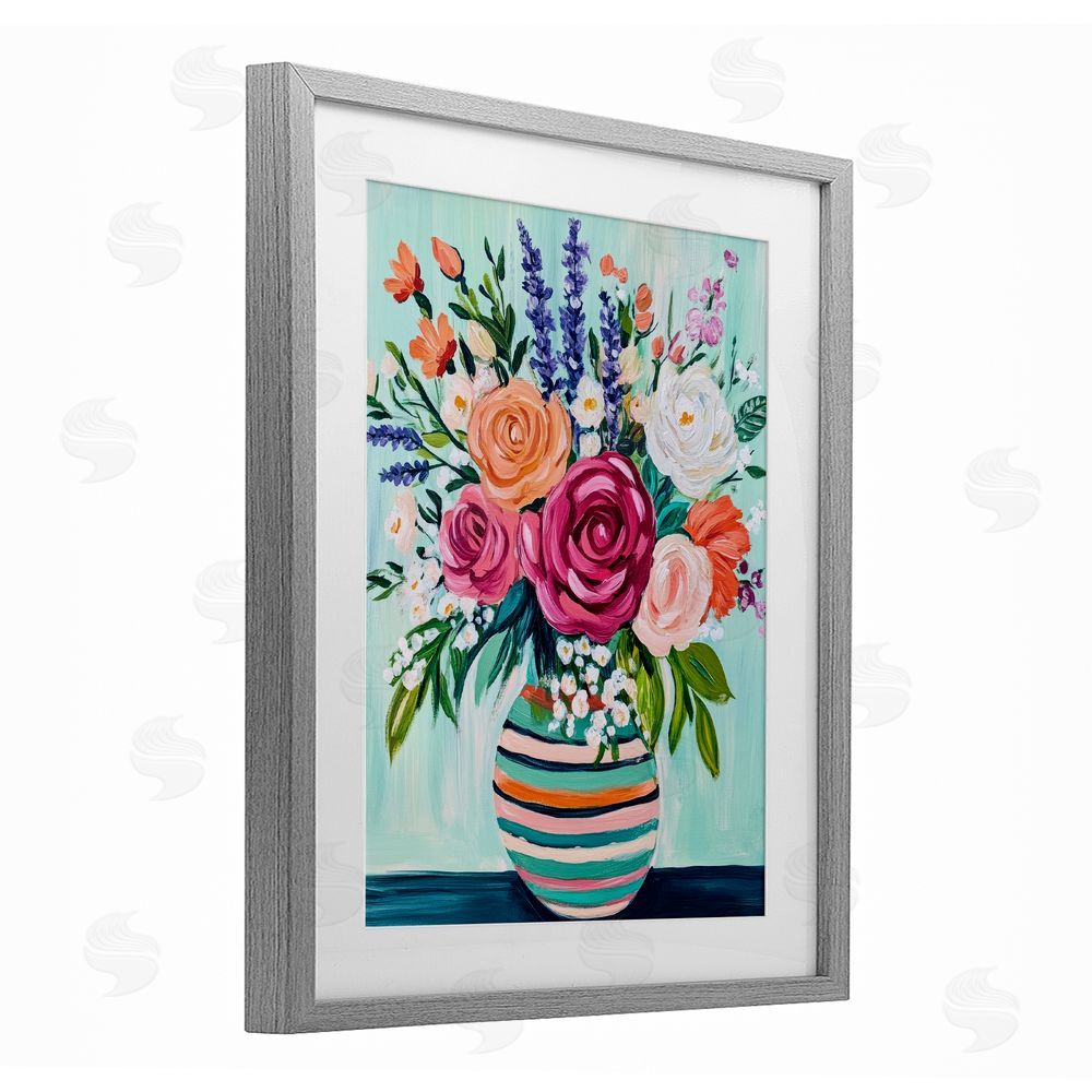 Petal Prints Design Big Bloom Abstract Bouquet Gray Framed Print Under Glass with White Mat Wall Art