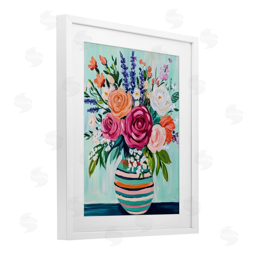 Petal Prints Design Big Bloom Abstract Bouquet White Framed Print Under Glass with Mat Wall Art