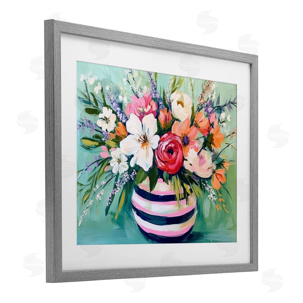 Petal Prints Design Chic Vase Abstract Bouquet Gray Framed Print Under Glass with White Mat Wall Art