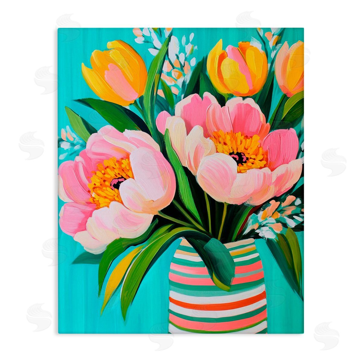 Petal Prints Design Flowers in Spring Stripes Canvas Wall Art Print