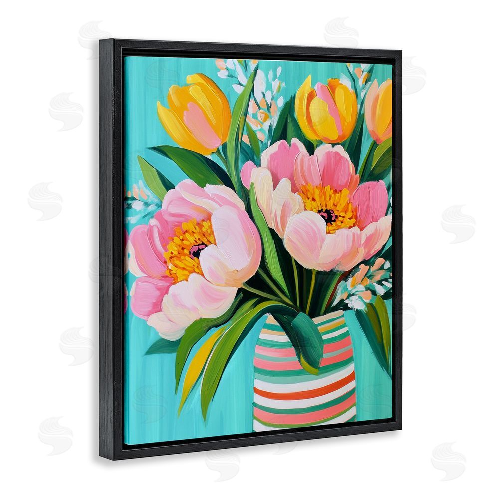 Petal Prints Design Flowers in Spring Stripes Black Floating Frame Canvas Wall Art Print