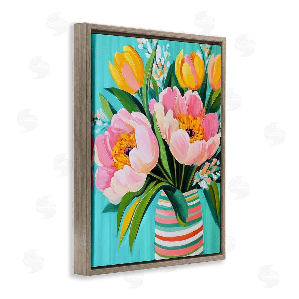 Petal Prints Design Flowers in Spring Stripes Brown Floating Frame Canvas Wall Art Print