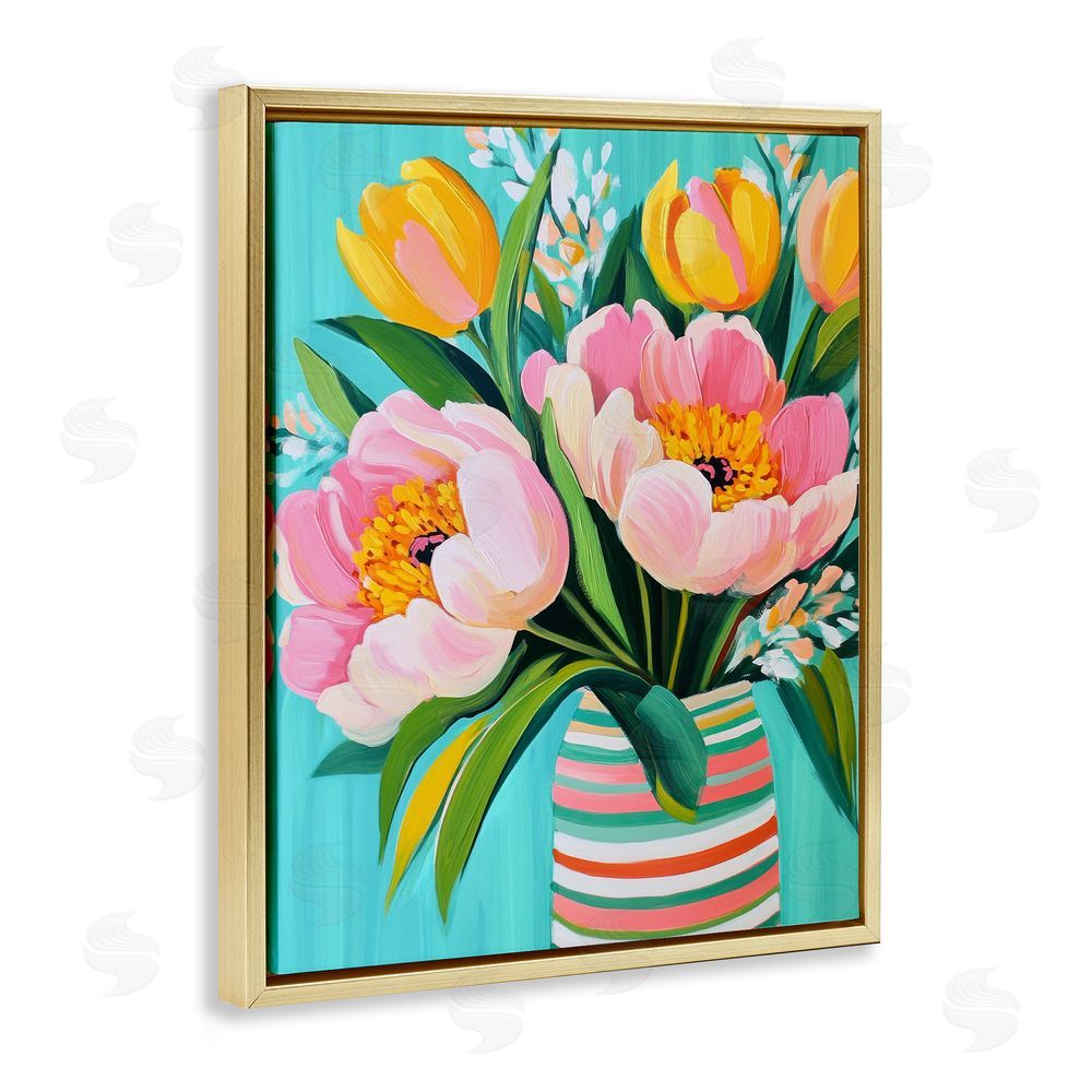 Petal Prints Design Flowers in Spring Stripes Gold Floating Frame Canvas Wall Art Print