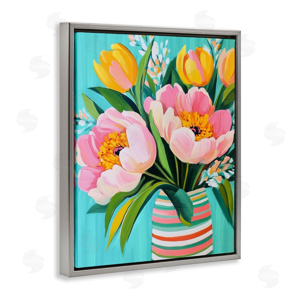 Petal Prints Design Flowers in Spring Stripes Gray Floating Frame Canvas Wall Art Print