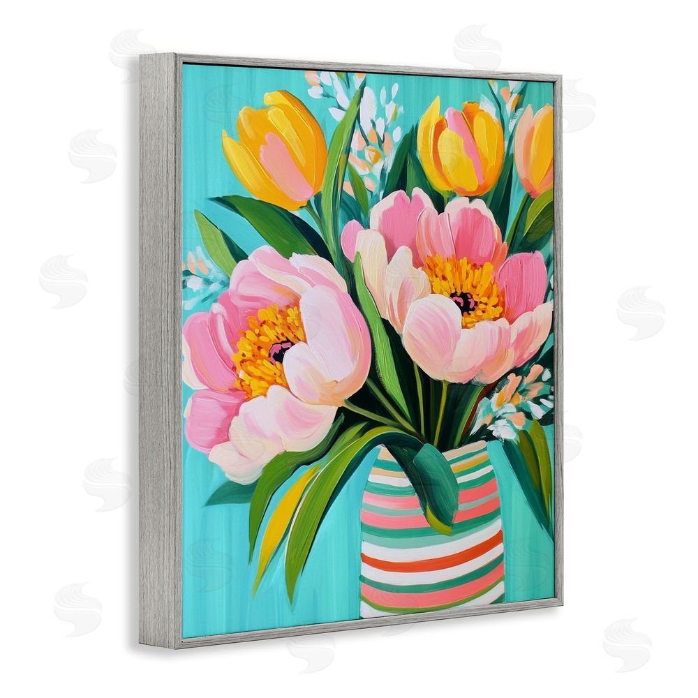 Petal Prints Design Flowers in Spring Stripes Gray Framed Giclee Wall Art Print