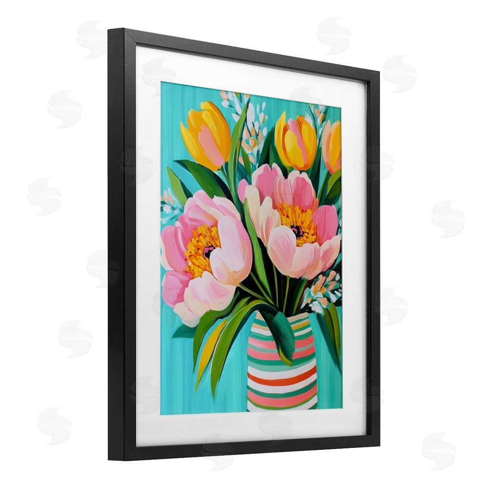 Petal Prints Design Flowers in Spring Stripes Black Framed Print Under Glass with White Mat Wall Art