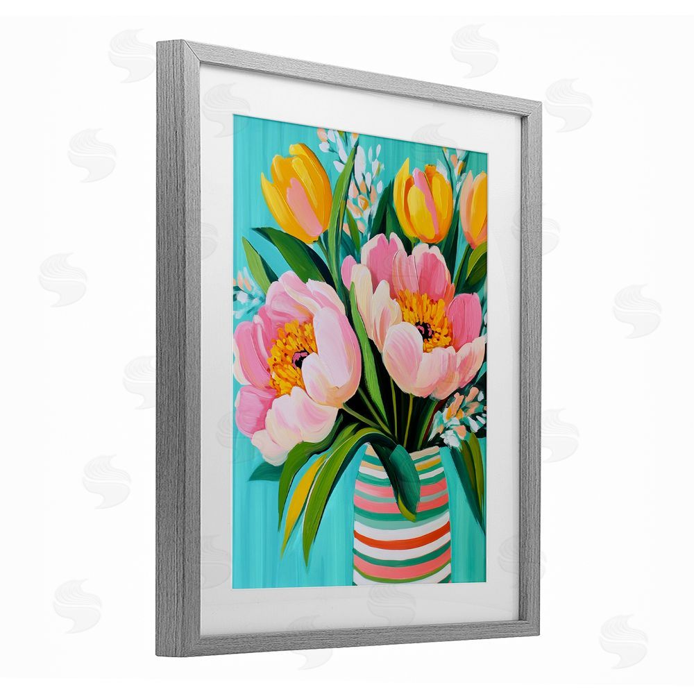 Petal Prints Design Flowers in Spring Stripes Gray Framed Print Under Glass with White Mat Wall Art
