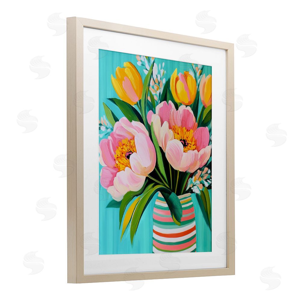 Petal Prints Design Flowers in Spring Stripes Birch Framed Print Under Glass with White Mat Wall Art