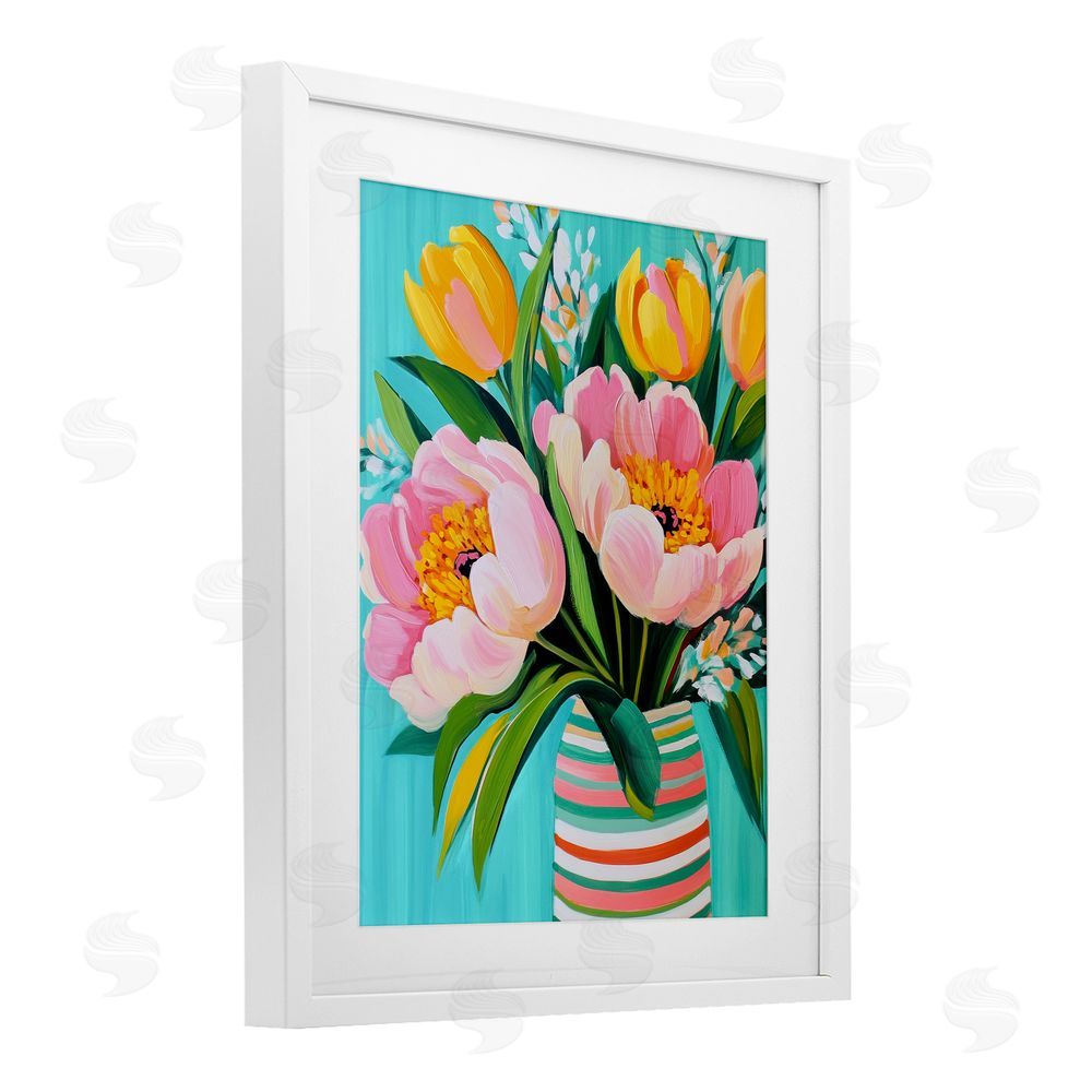 Petal Prints Design Flowers in Spring Stripes White Framed Print Under Glass with Mat Wall Art