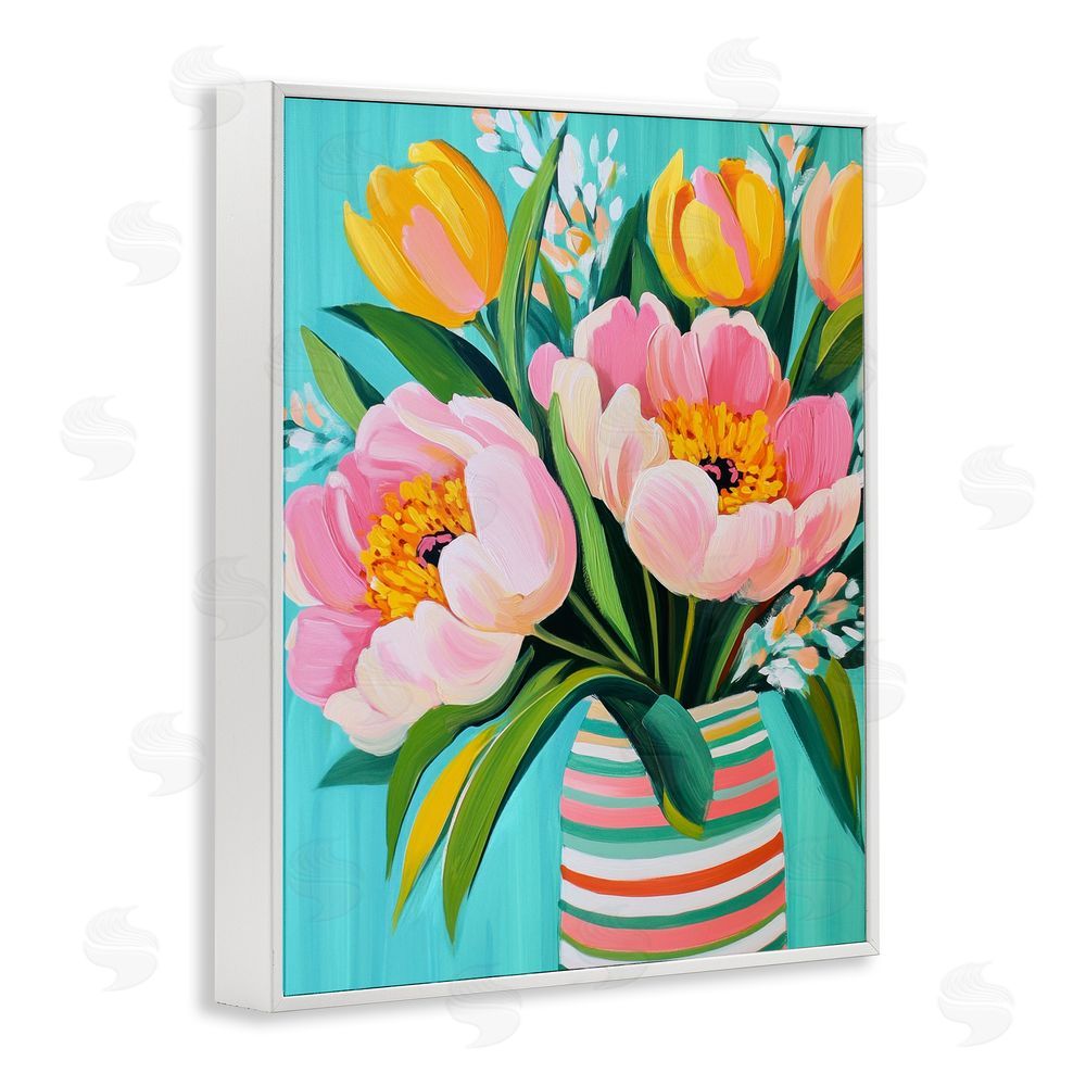 Petal Prints Design Flowers in Spring Stripes White Framed Giclee Wall Art Print