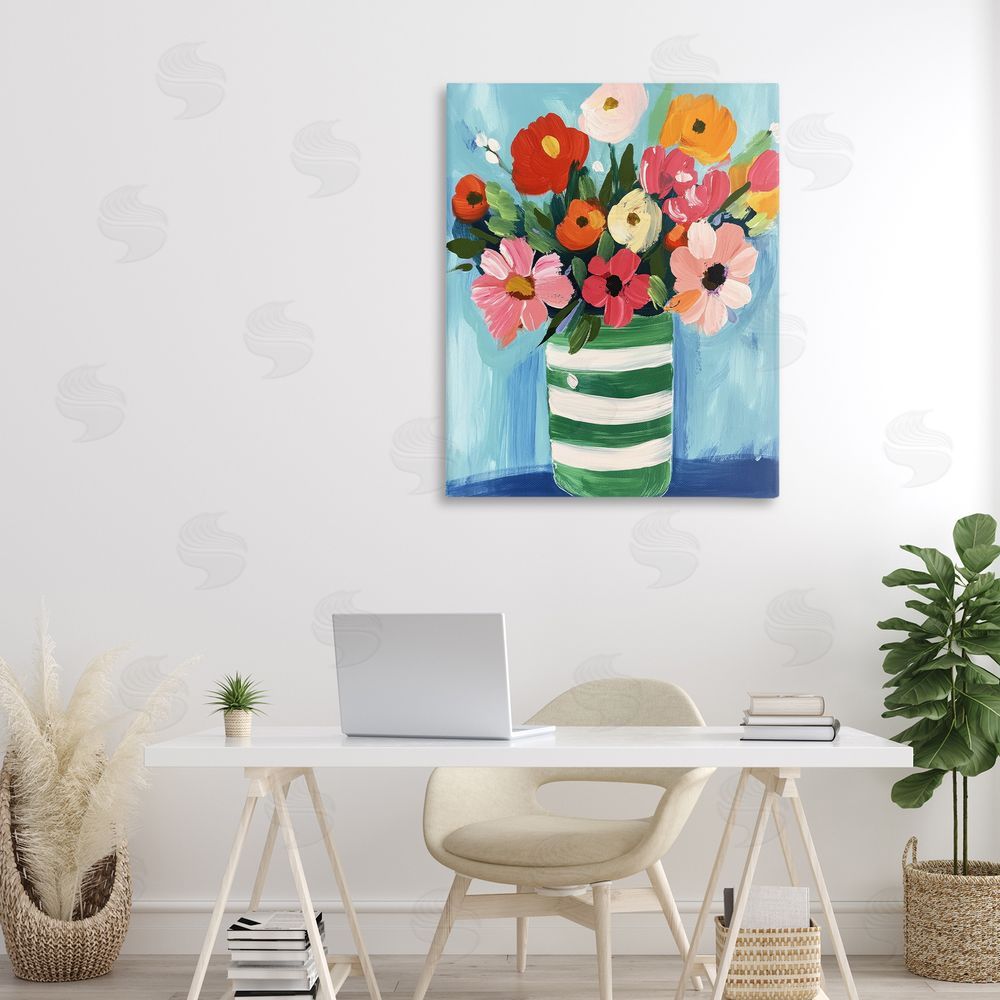 Petal Prints Design Bouquet in Green Striped Vase Canvas Art on Wall