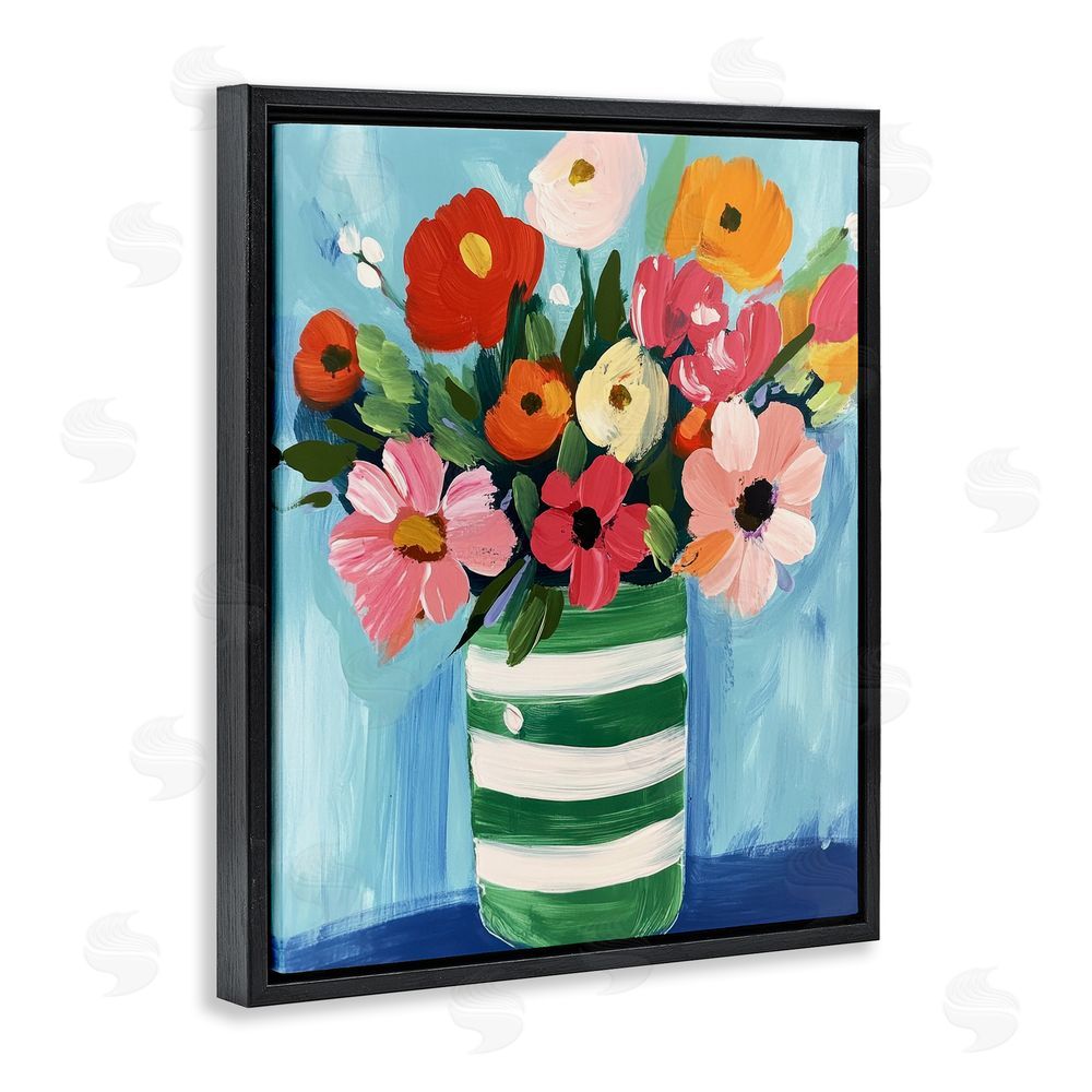 Petal Prints Design Bouquet in Green Striped Vase Black Floating Frame Canvas Wall Art Print