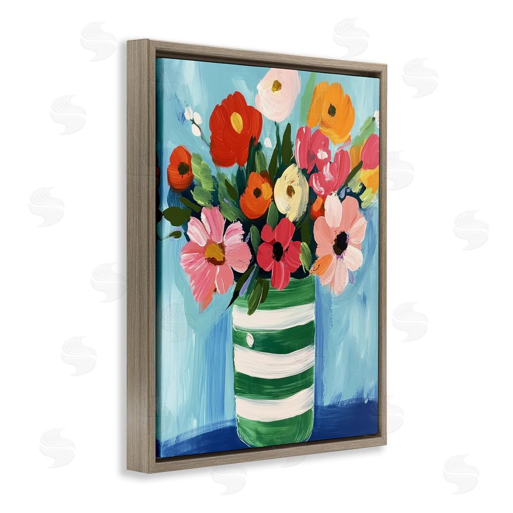 Petal Prints Design Bouquet in Green Striped Vase Brown Floating Frame Canvas Wall Art Print