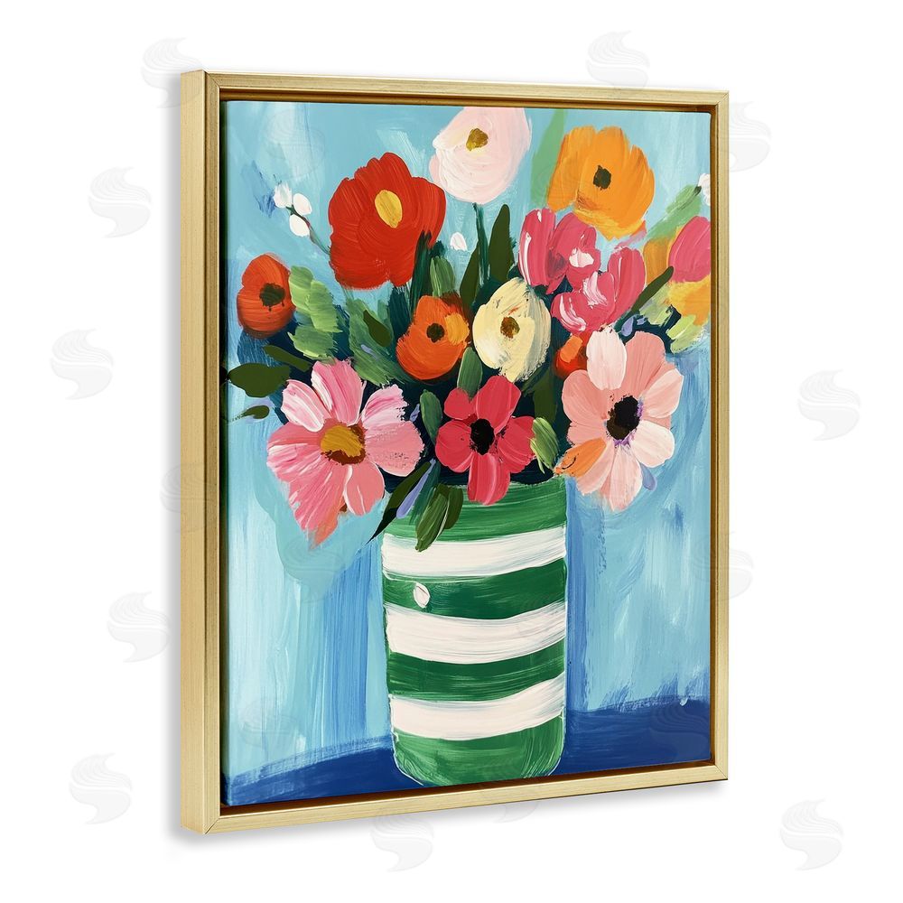 Petal Prints Design Bouquet in Green Striped Vase Gold Floating Frame Canvas Wall Art Print