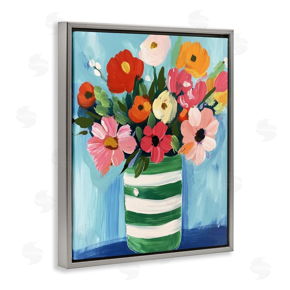 Petal Prints Design Bouquet in Green Striped Vase Gray Floating Frame Canvas Wall Art Print
