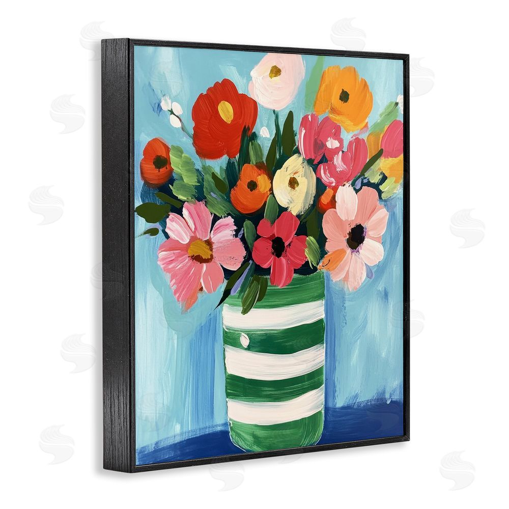 Petal Prints Design Bouquet in Green Striped Vase Black Framed Giclee Wall Art Print
