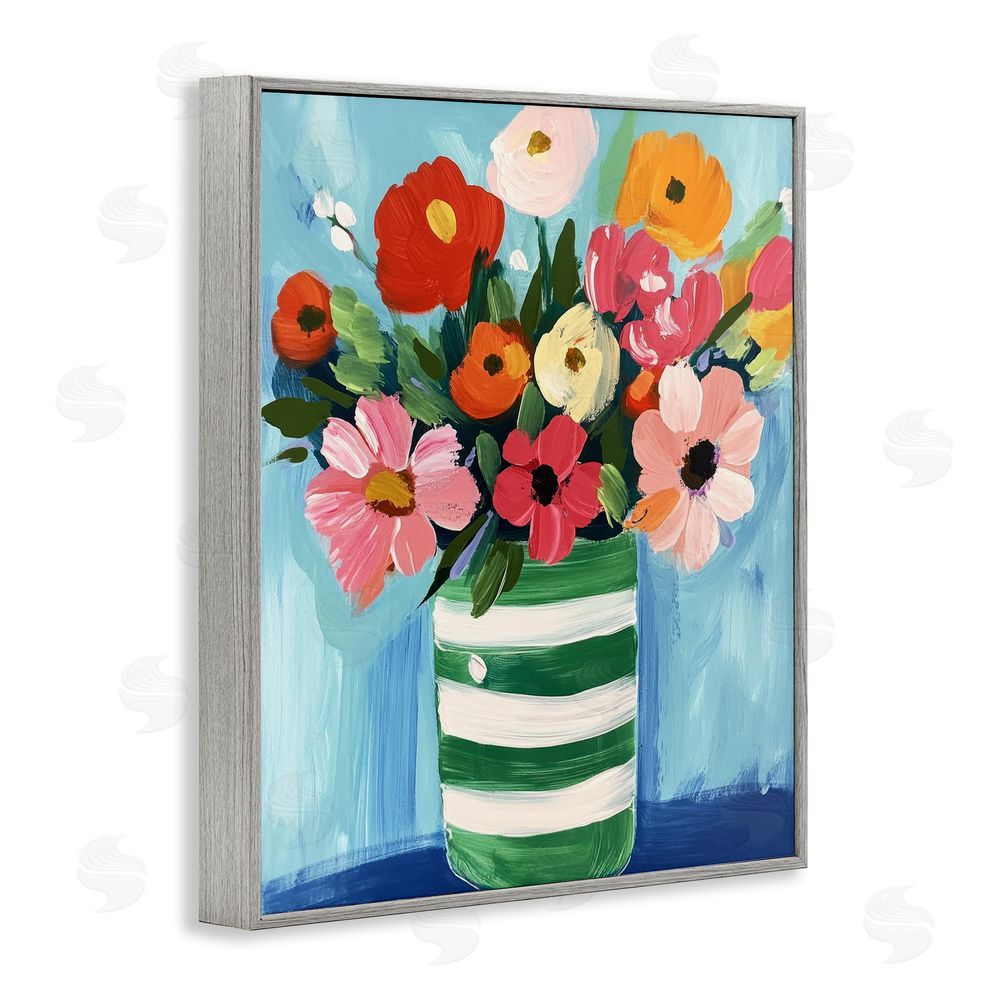 Petal Prints Design Bouquet in Green Striped Vase Gray Framed Giclee Wall Art Print