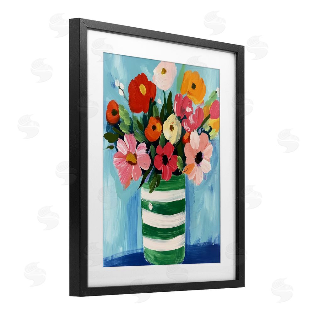 Petal Prints Design Bouquet in Green Striped Vase Black Framed Print Under Glass with White Mat Wall Art