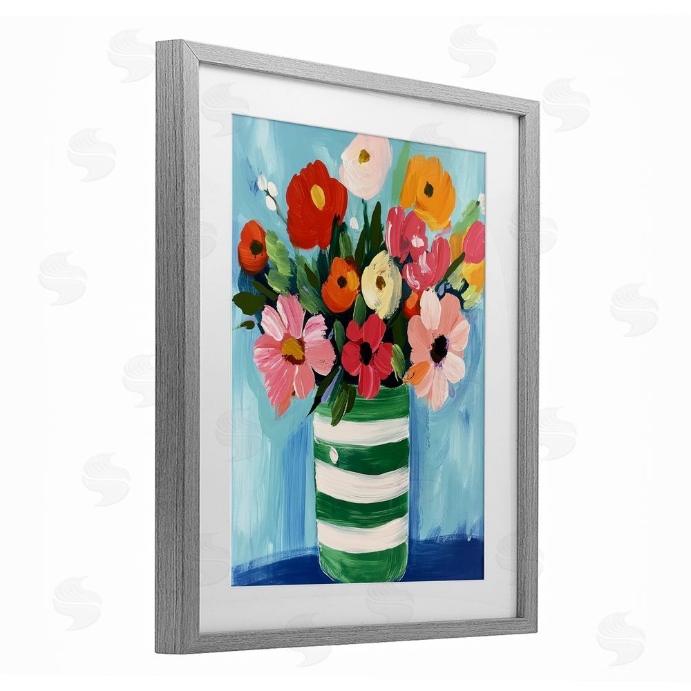 Petal Prints Design Bouquet in Green Striped Vase Gray Framed Print Under Glass with White Mat Wall Art