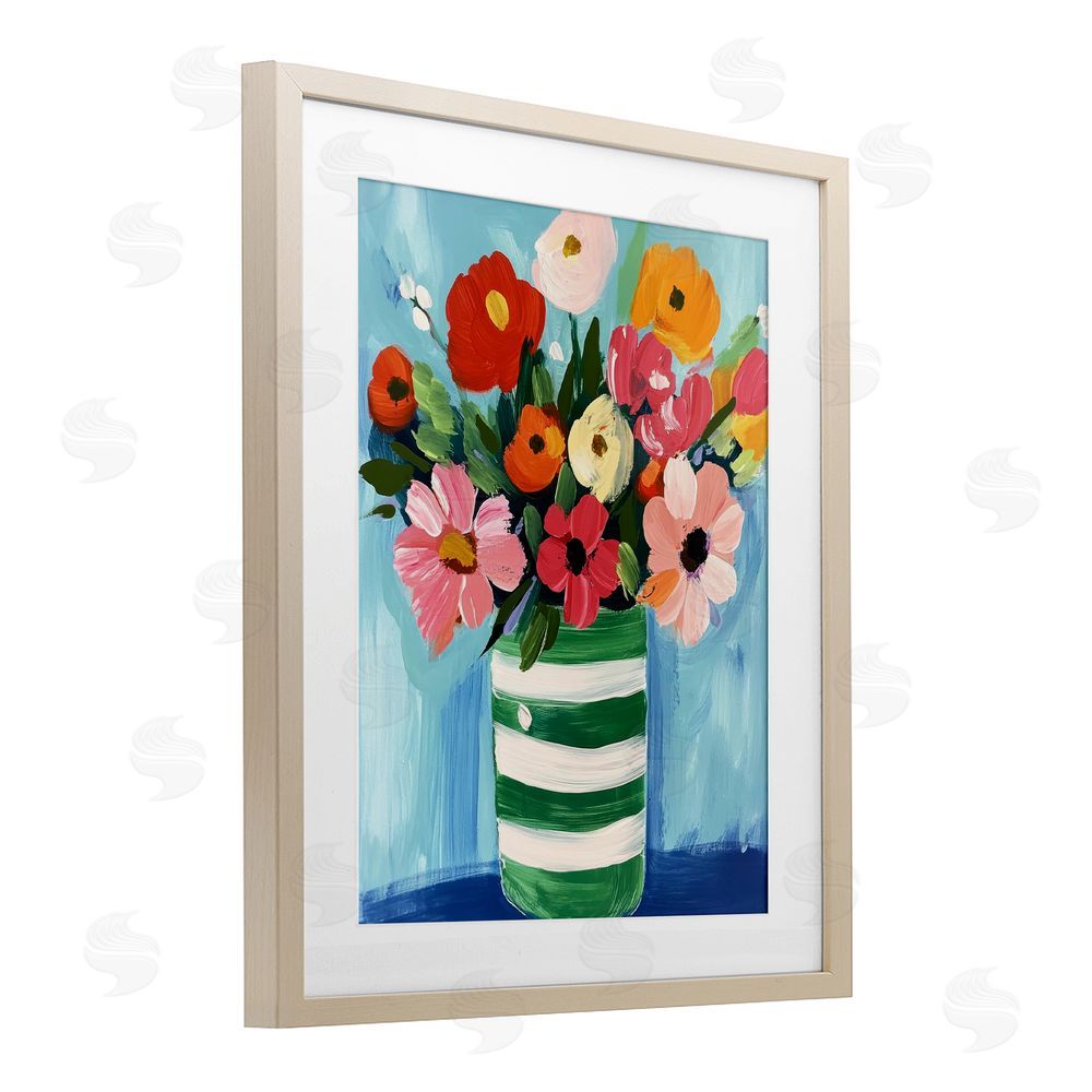 Petal Prints Design Bouquet in Green Striped Vase Birch Framed Print Under Glass with White Mat Wall Art