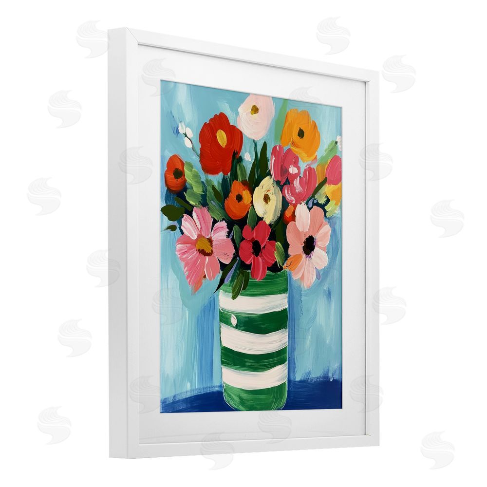 Petal Prints Design Bouquet in Green Striped Vase White Framed Print Under Glass with Mat Wall Art