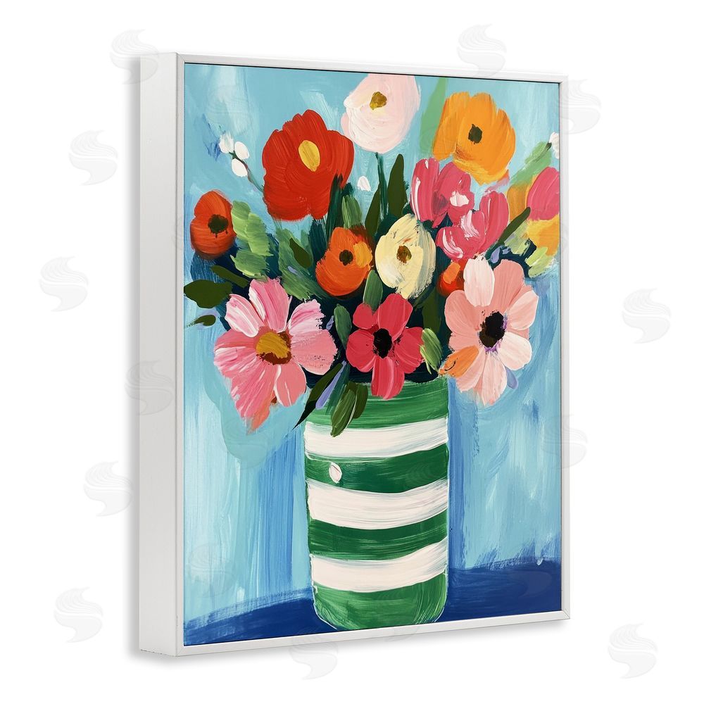 Petal Prints Design Bouquet in Green Striped Vase White Framed Giclee Wall Art Print
