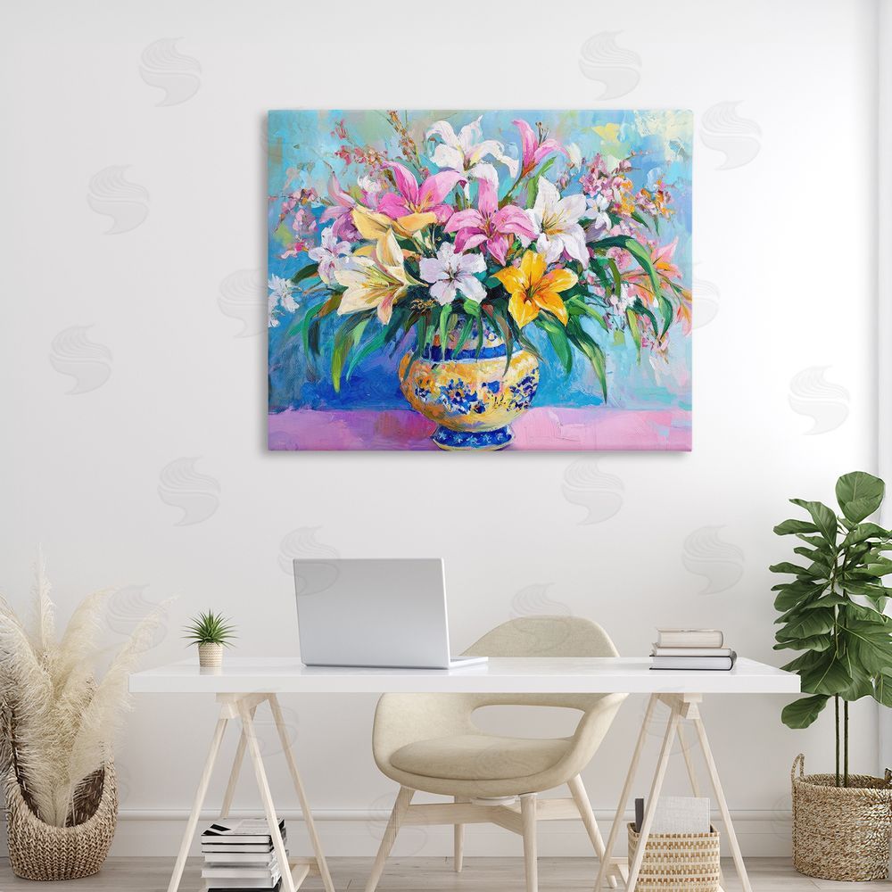 Petal Prints Design Bold Lilies over Blue Canvas Art on Wall