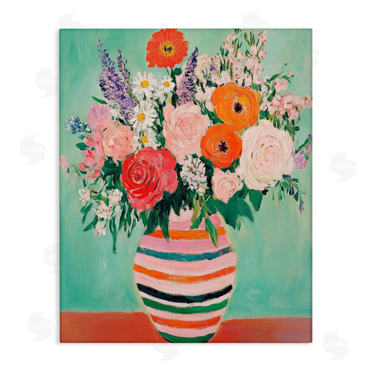 Petal Prints Design Green and Orange Floral Bouquet Canvas Wall Art Print