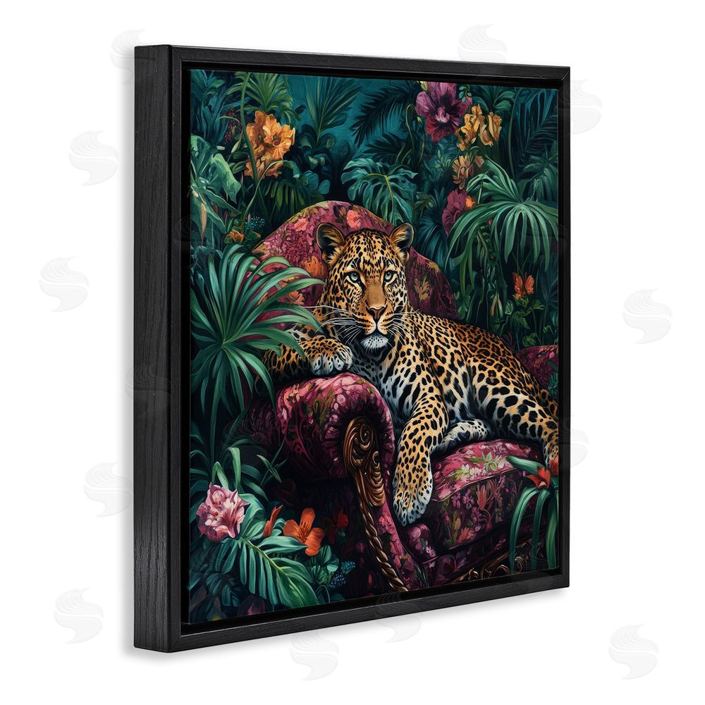 Petal Prints Design Fashionable Leopard in Jungle Black Floating Frame Canvas Wall Art Print