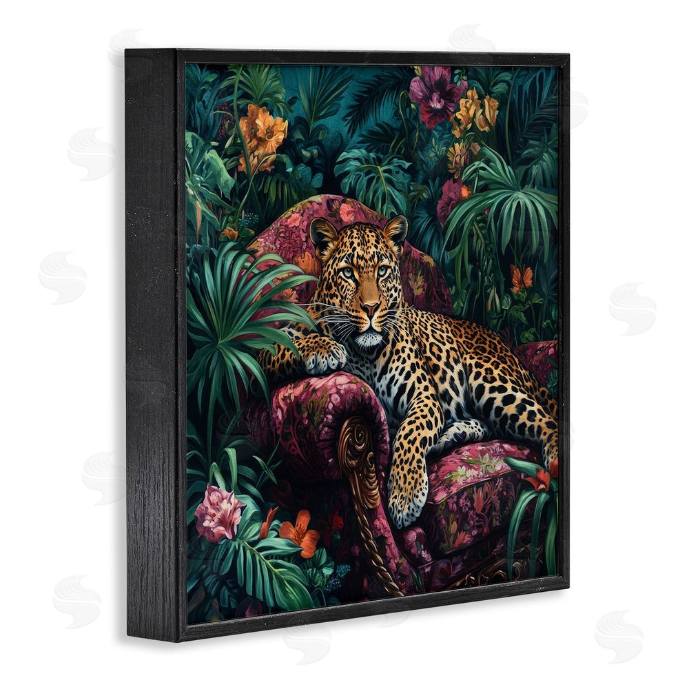 Petal Prints Design Fashionable Leopard in Jungle Black Framed Giclee Wall Art Print
