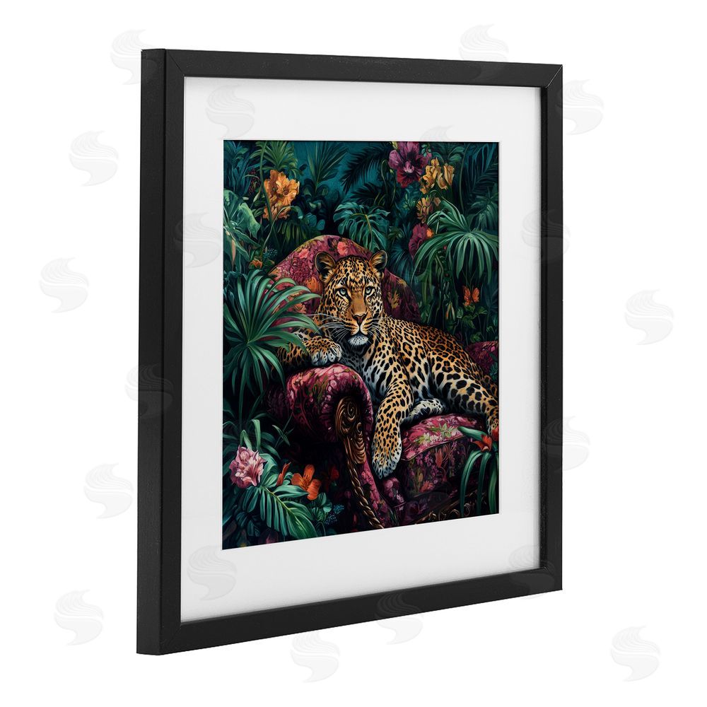 Petal Prints Design Fashionable Leopard in Jungle Black Framed Print Under Glass with White Mat Wall Art