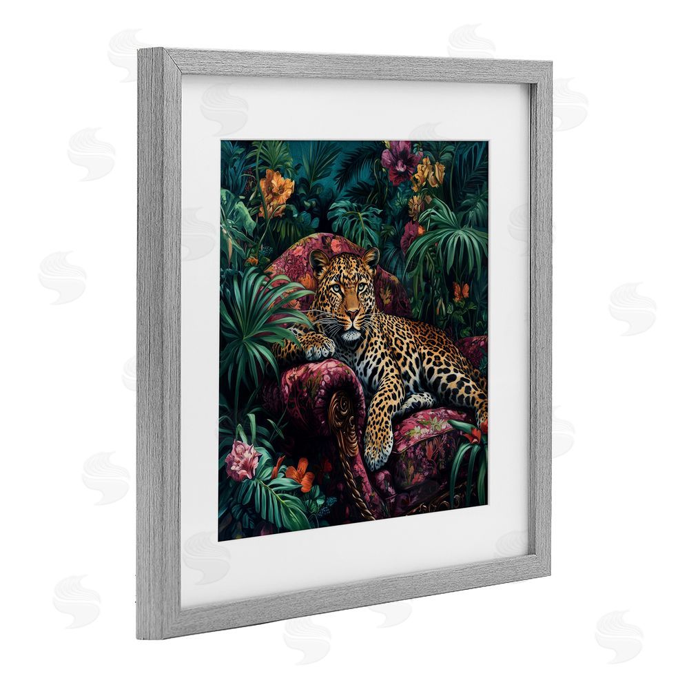 Petal Prints Design Fashionable Leopard in Jungle Gray Framed Print Under Glass with White Mat Wall Art