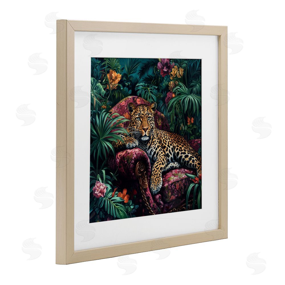 Petal Prints Design Fashionable Leopard in Jungle Birch Framed Print Under Glass with White Mat Wall Art