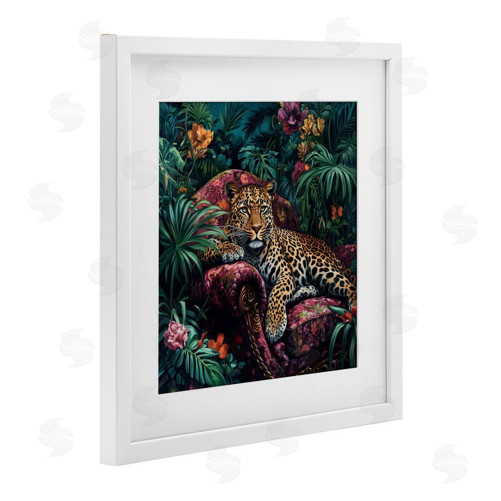 Petal Prints Design Fashionable Leopard in Jungle White Framed Print Under Glass with Mat Wall Art