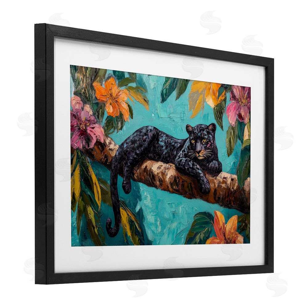 Petal Prints Design Lazy Day Black Leopard Black Framed Print Under Glass with White Mat Wall Art