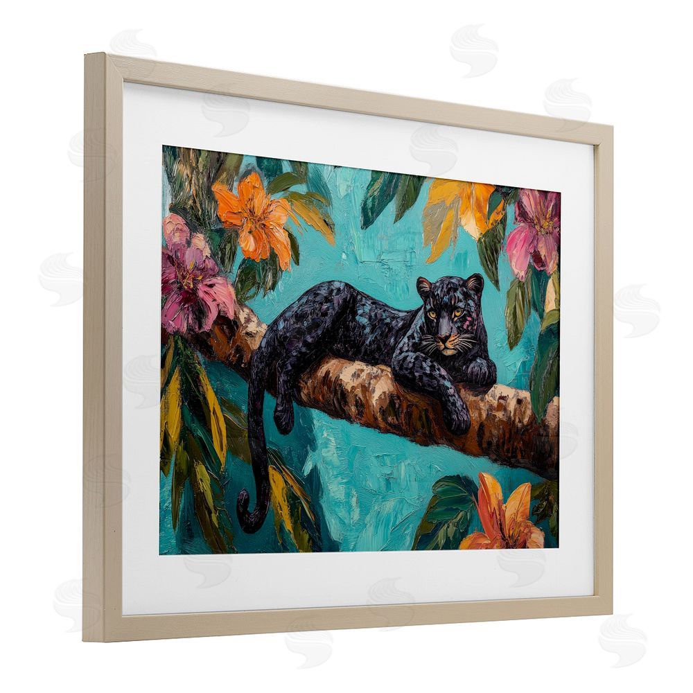 Petal Prints Design Lazy Day Black Leopard Birch Framed Print Under Glass with White Mat Wall Art