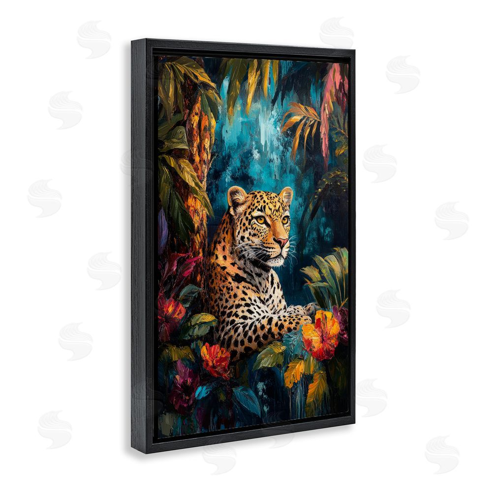 Petal Prints Design Wild Side Jungle Cat Black Floating Frame Canvas Wall Art Print
